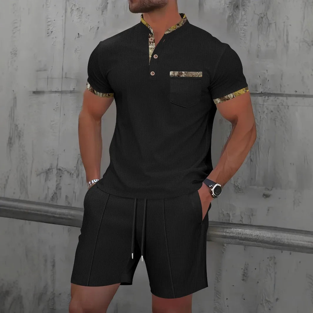 Men’s Two-Piece Casual Set – Zip Polo & Drawstring Shorts