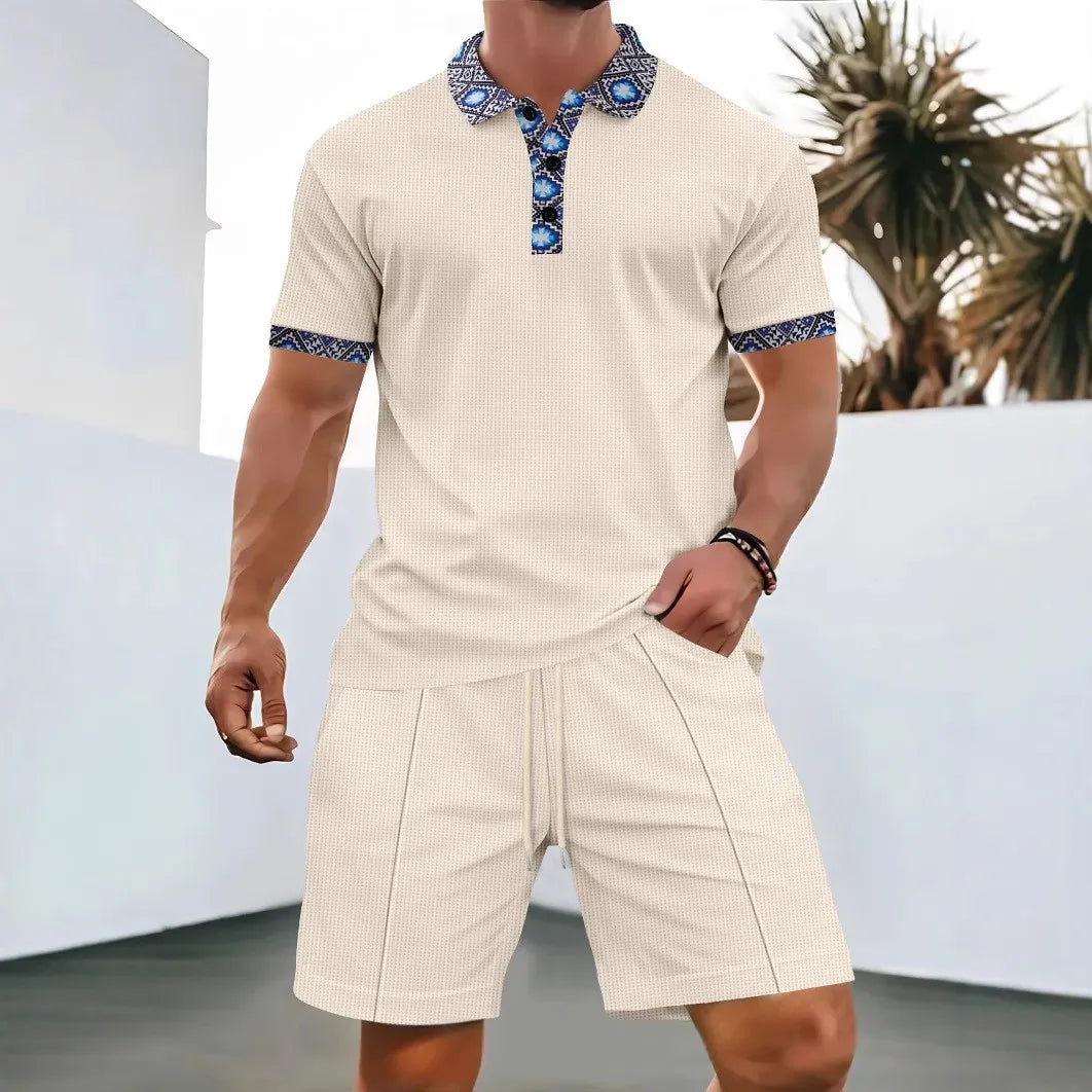 Men’s Two-Piece Casual Set – Zip Polo & Drawstring Shorts