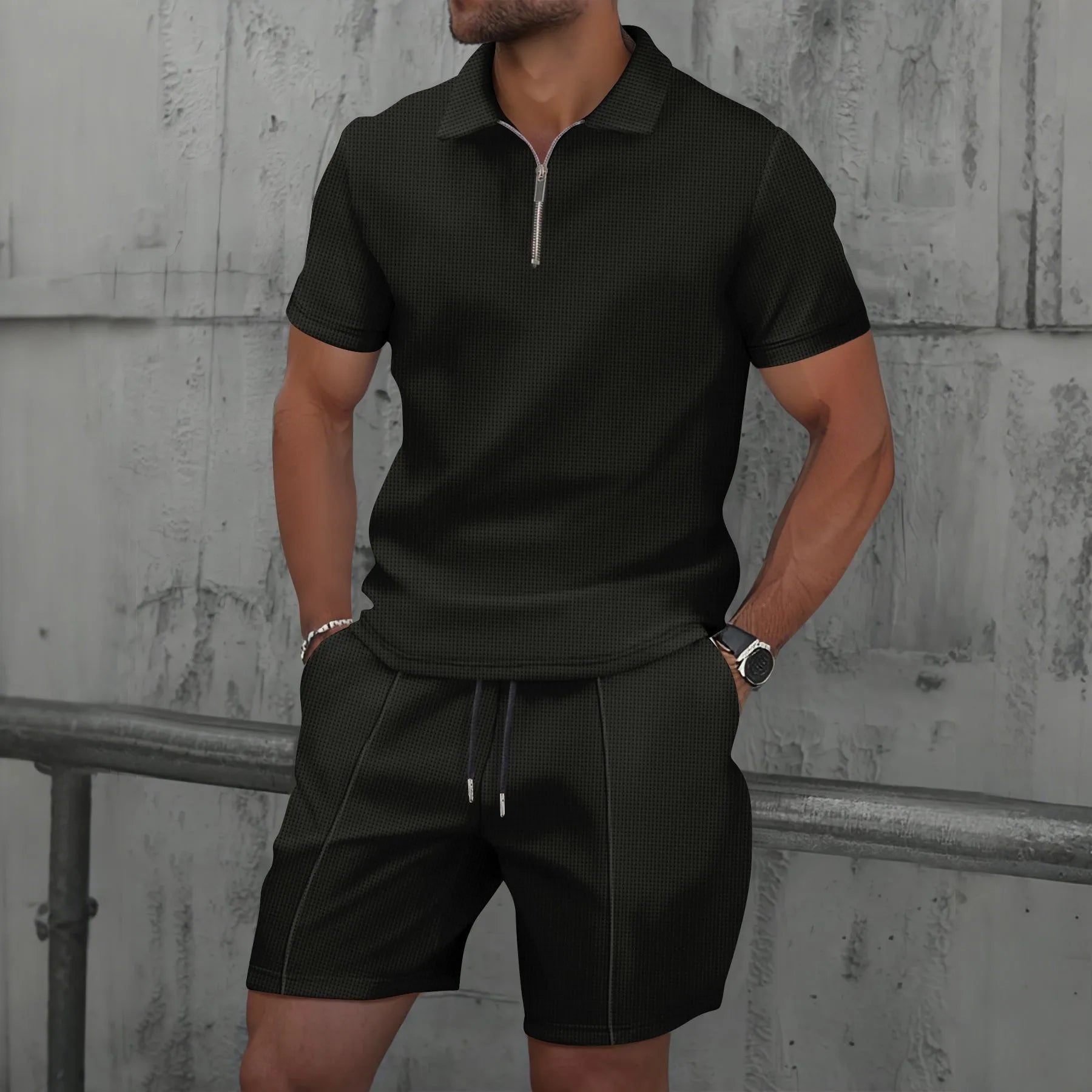 Men’s Two-Piece Casual Set – Zip Polo & Drawstring Shorts