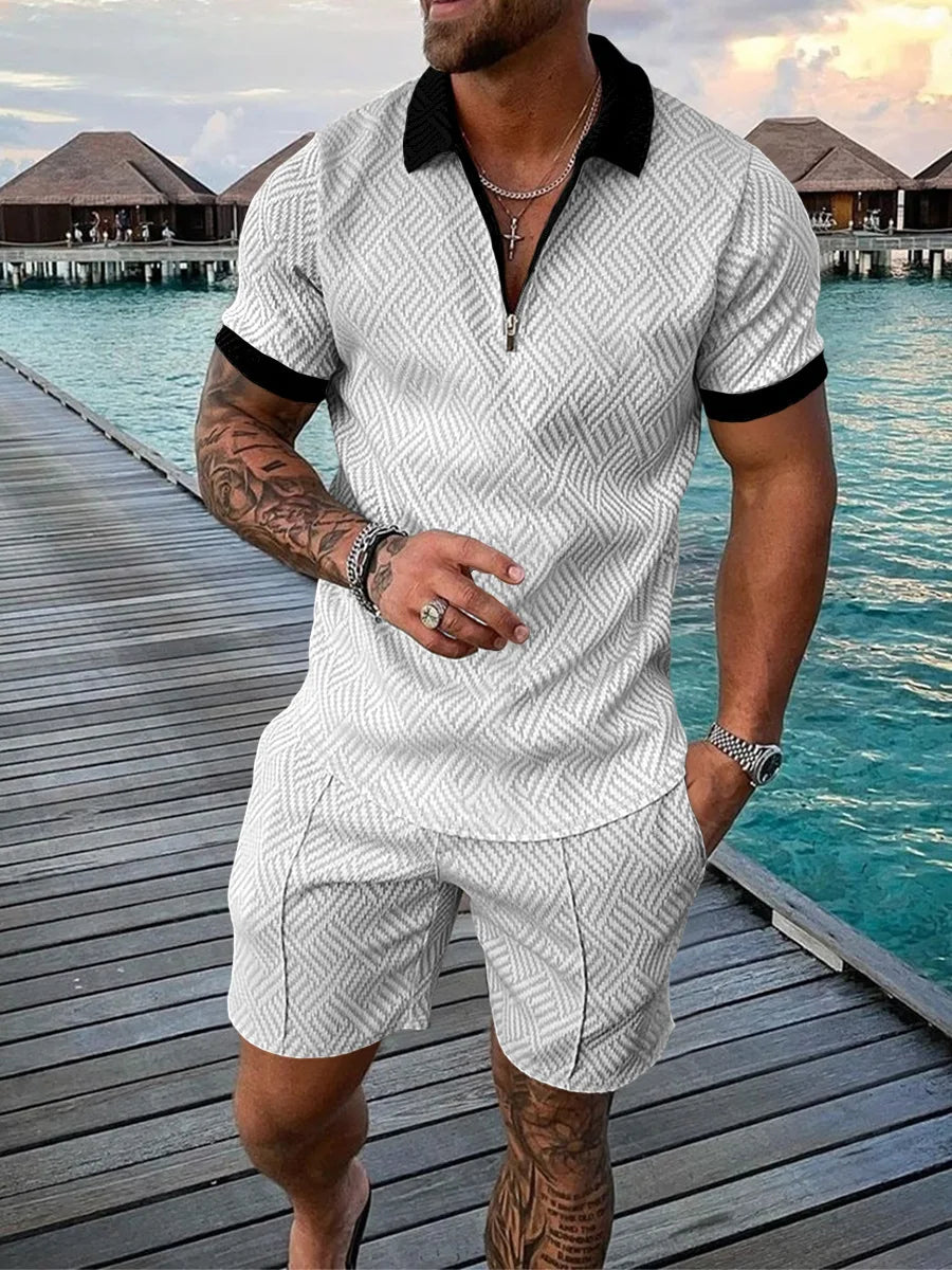 Men’s Patterned Quarter Zip & Shorts 2-Piece Set