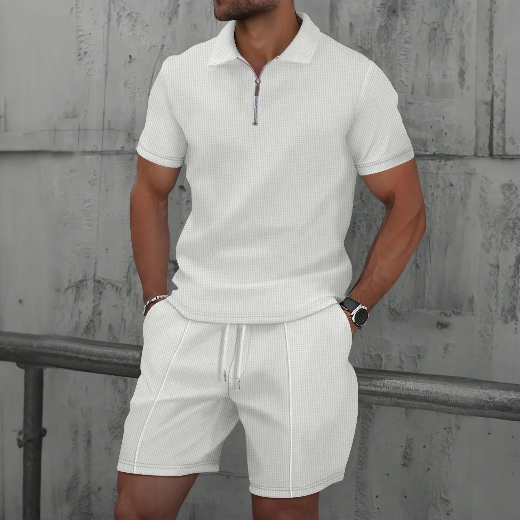 Men’s Two-Piece Casual Set – Zip Polo & Drawstring Shorts