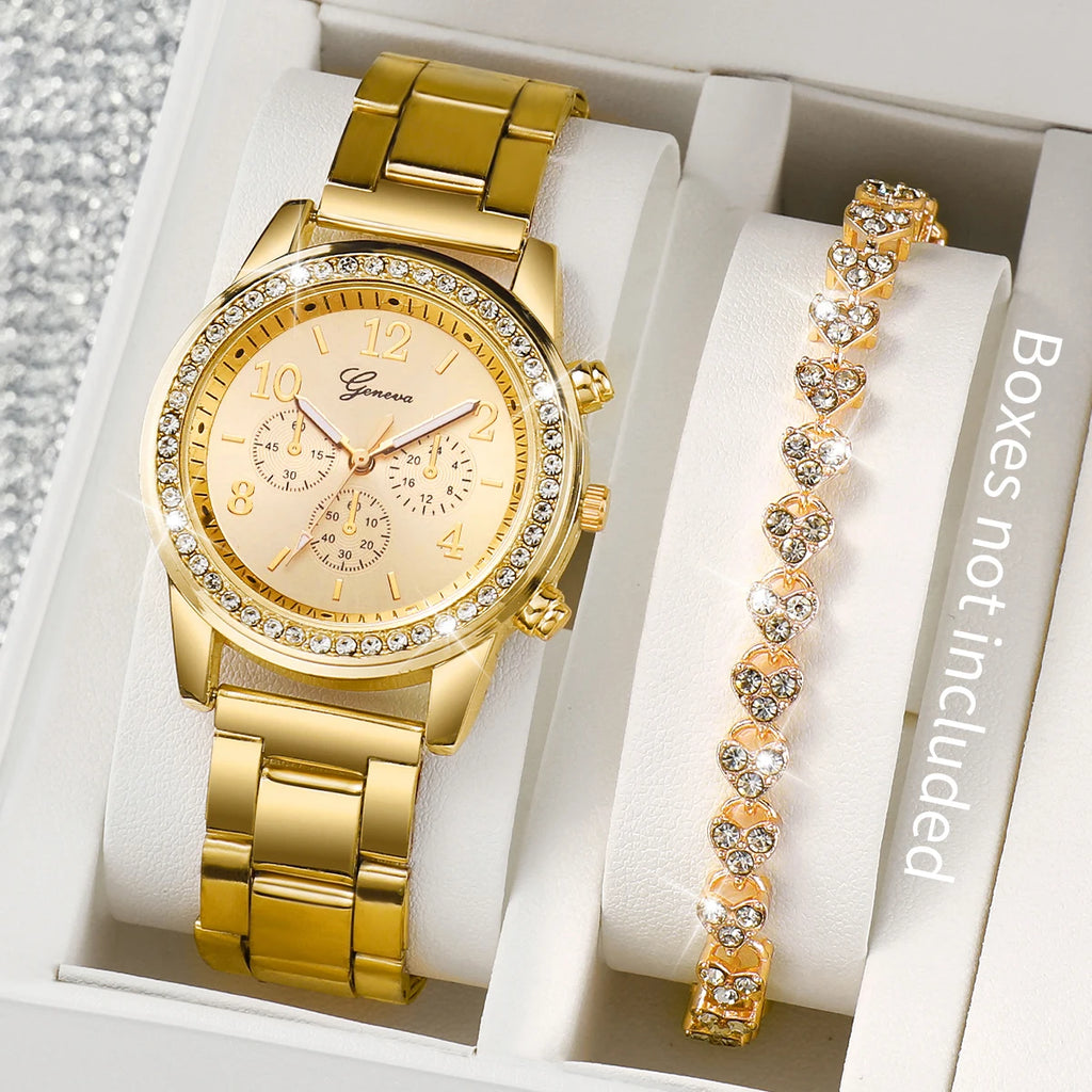 2 Piece - Women's Gold Quartz Watch & Diamond Bracelet