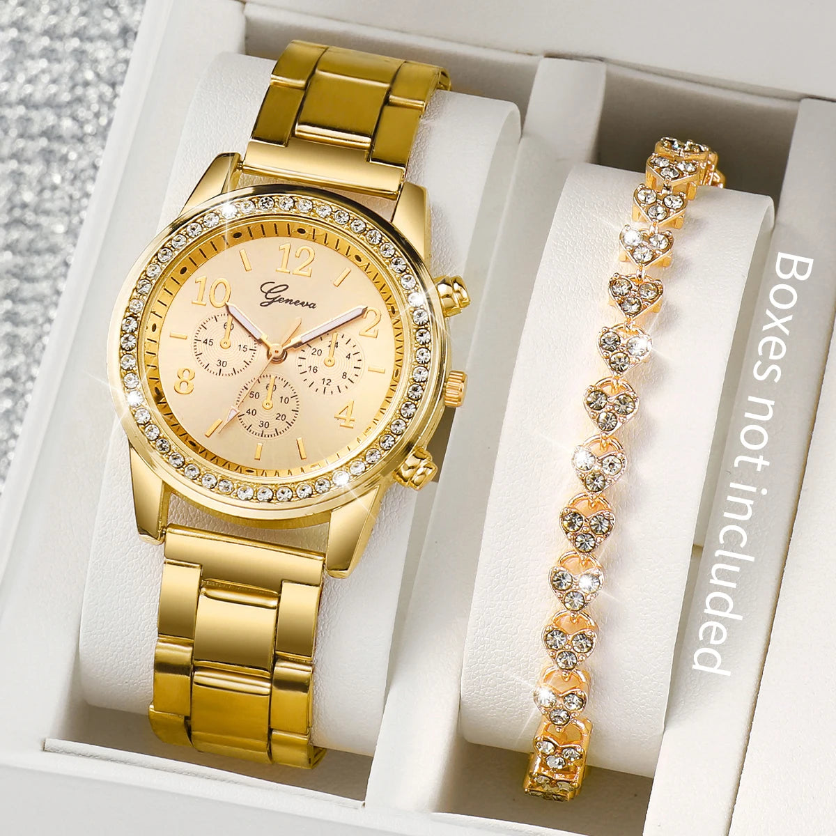 2 Piece - Women's Gold Quartz Watch & Diamond Bracelet