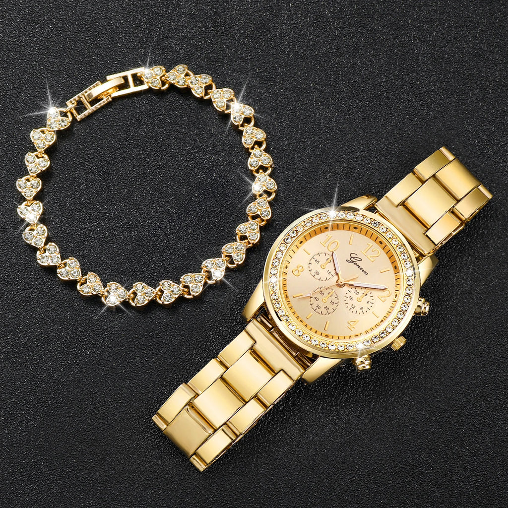 2 Piece - Women's Gold Quartz Watch & Diamond Bracelet