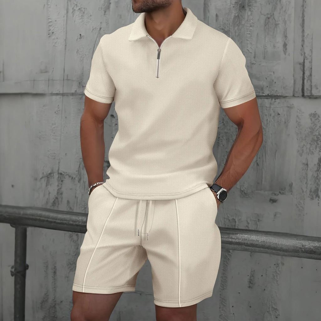 Men’s Two-Piece Casual Set – Zip Polo & Drawstring Shorts