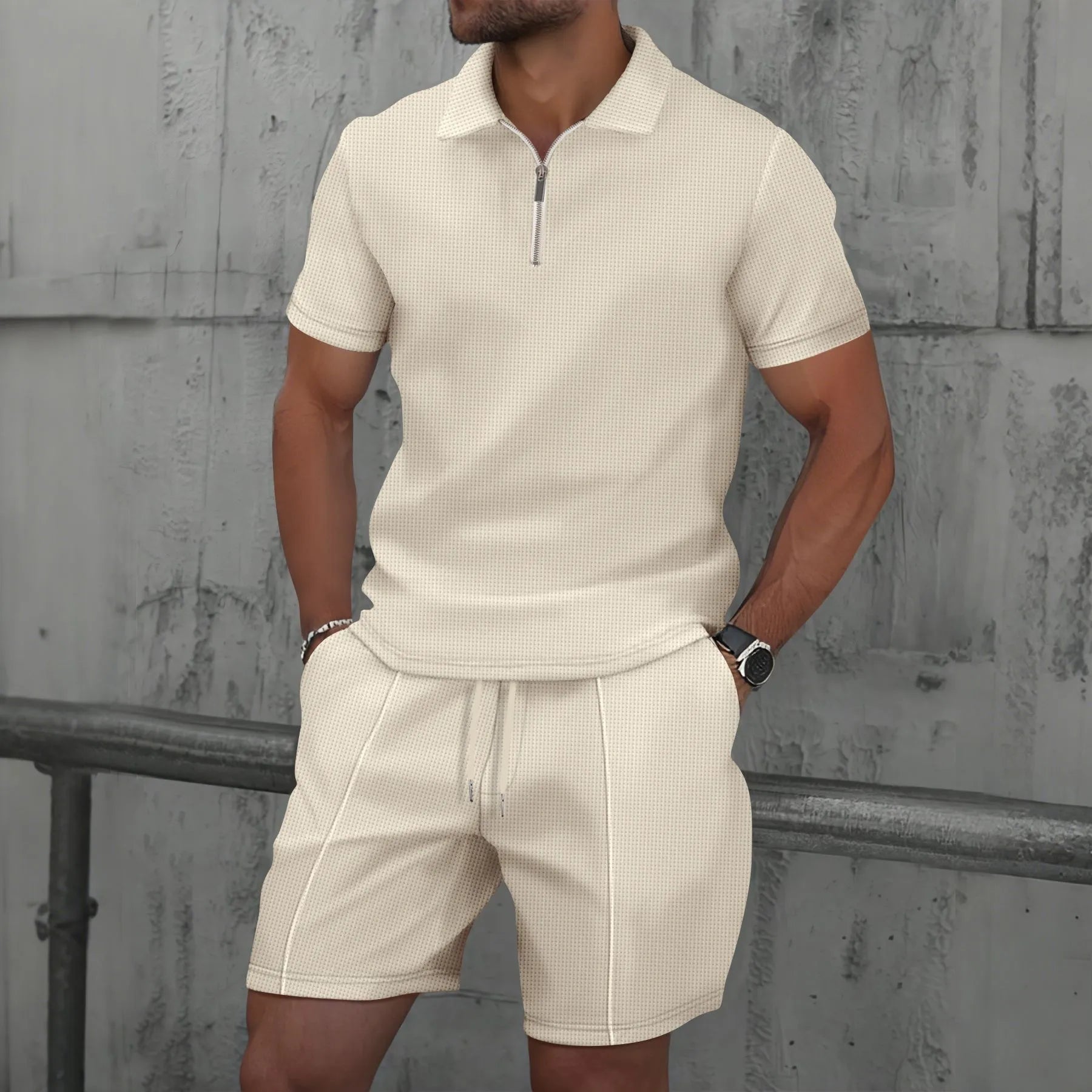 Men’s Two-Piece Casual Set – Zip Polo & Drawstring Shorts