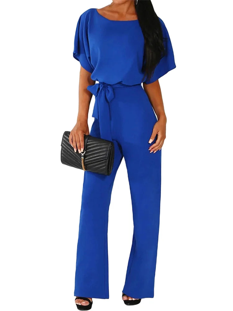 Women's Elegant Belted Wide-Leg Jumpsuit Romper