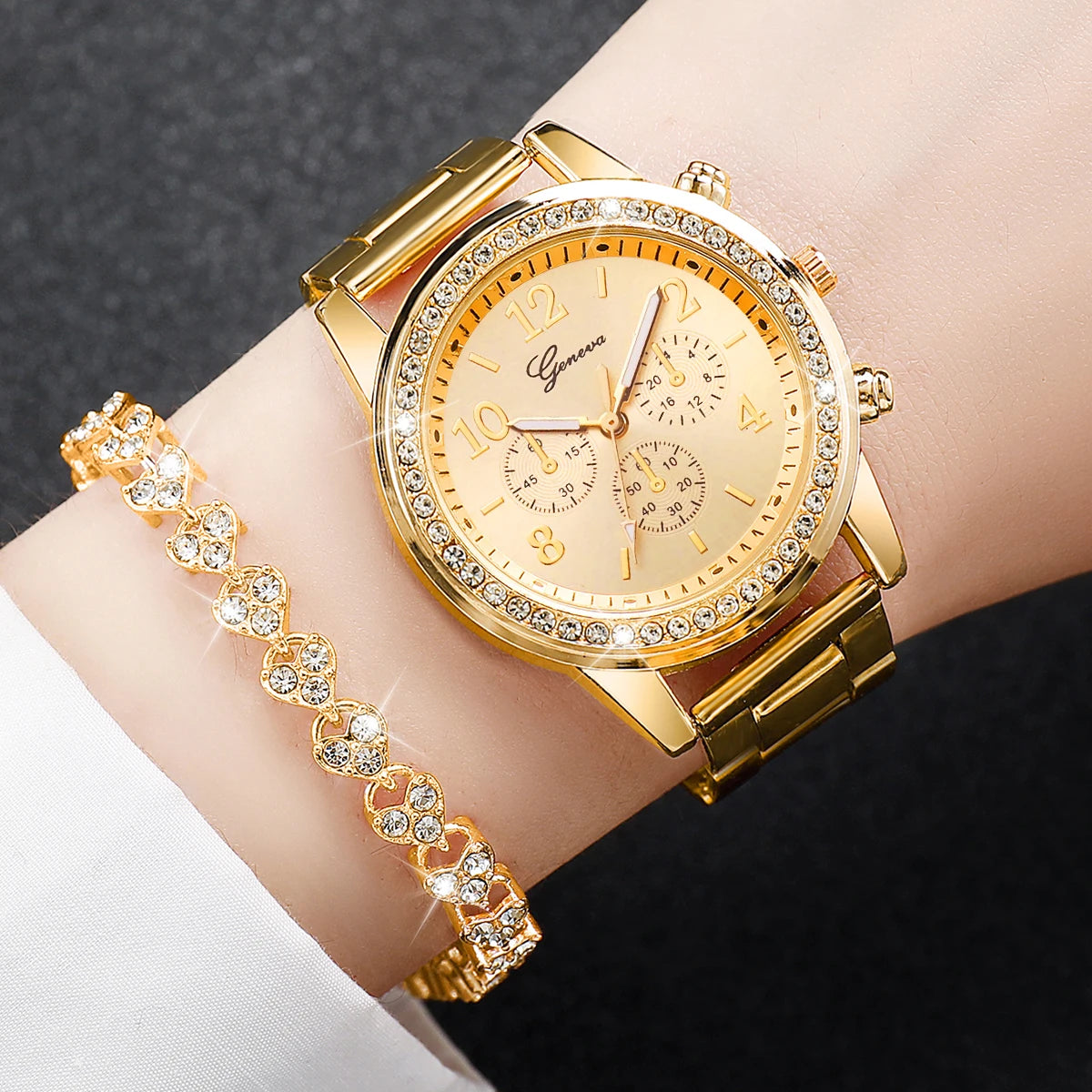 2 Piece - Women's Gold Quartz Watch & Diamond Bracelet