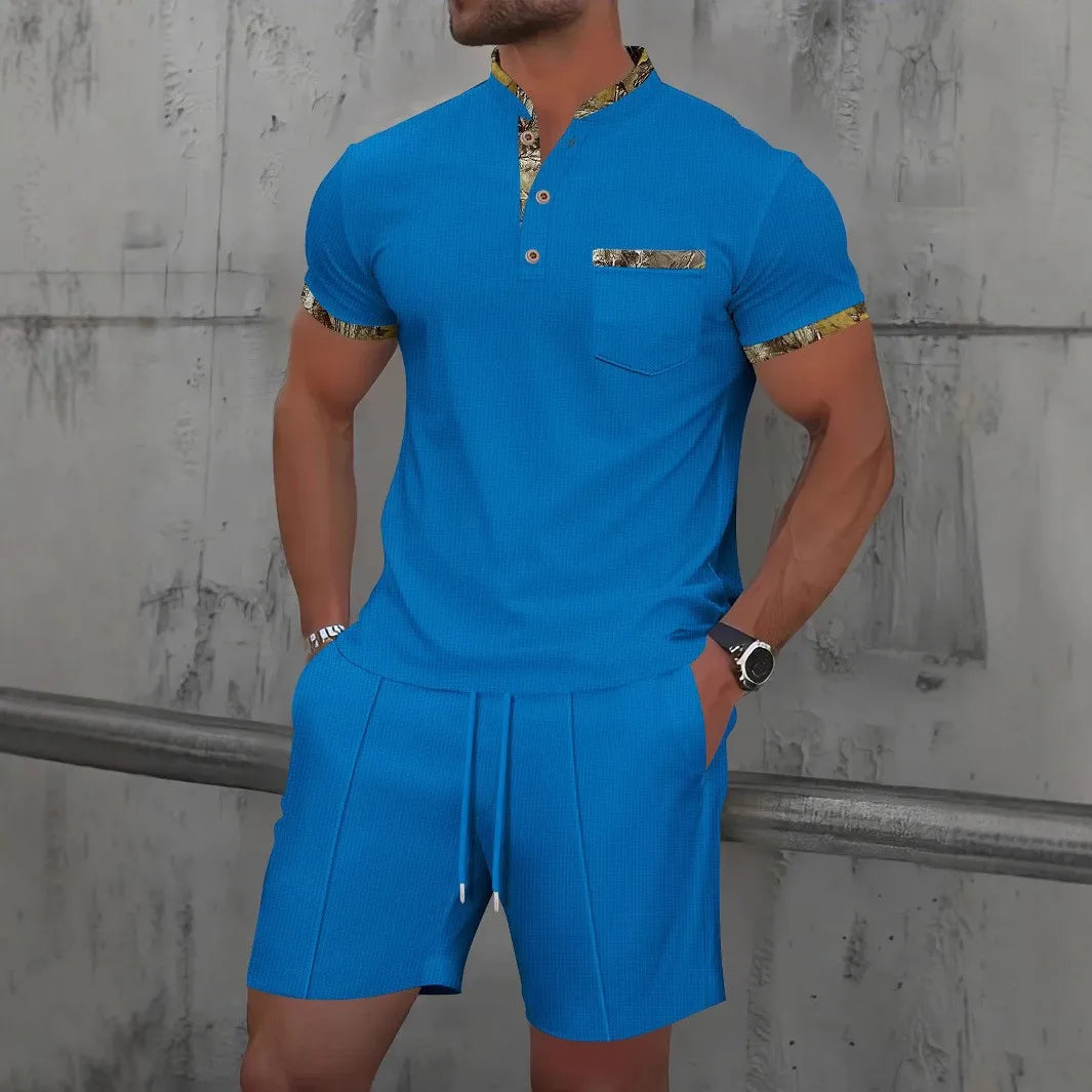 Men’s Two-Piece Casual Set – Zip Polo & Drawstring Shorts