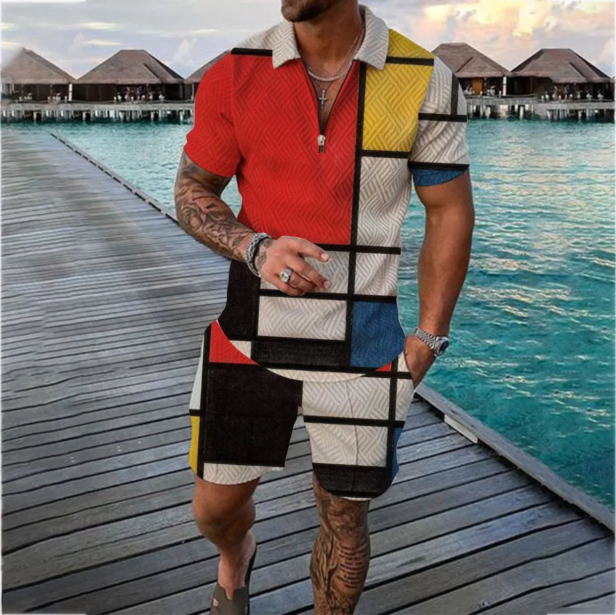 Men’s Patterned Quarter Zip & Shorts 2-Piece Set