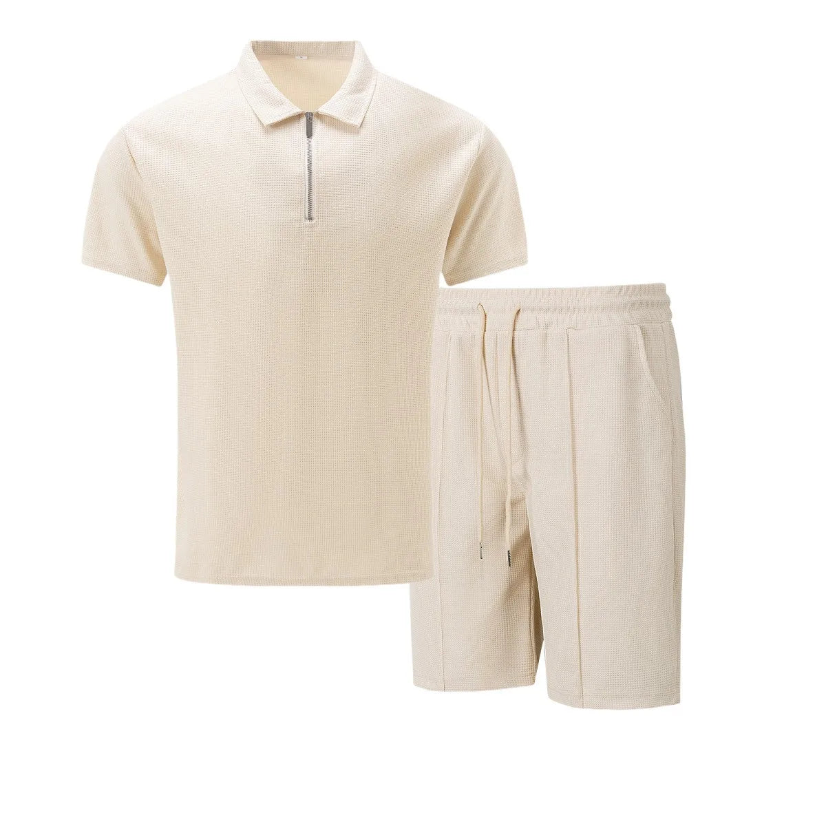 Men’s Two-Piece Casual Set – Zip Polo & Drawstring Shorts
