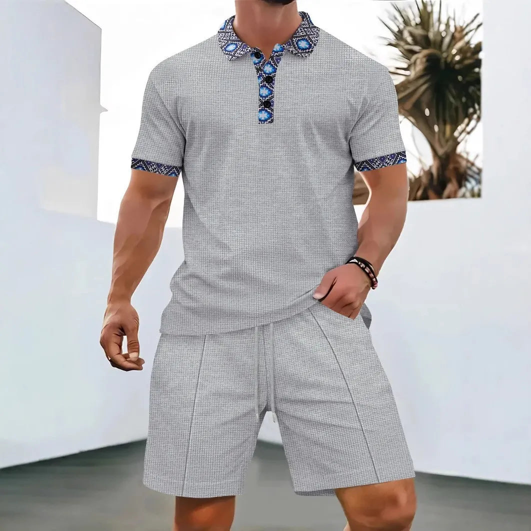 Men’s Two-Piece Casual Set – Zip Polo & Drawstring Shorts