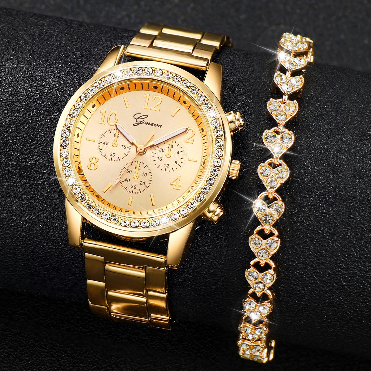 2 Piece - Women's Gold Quartz Watch & Diamond Bracelet