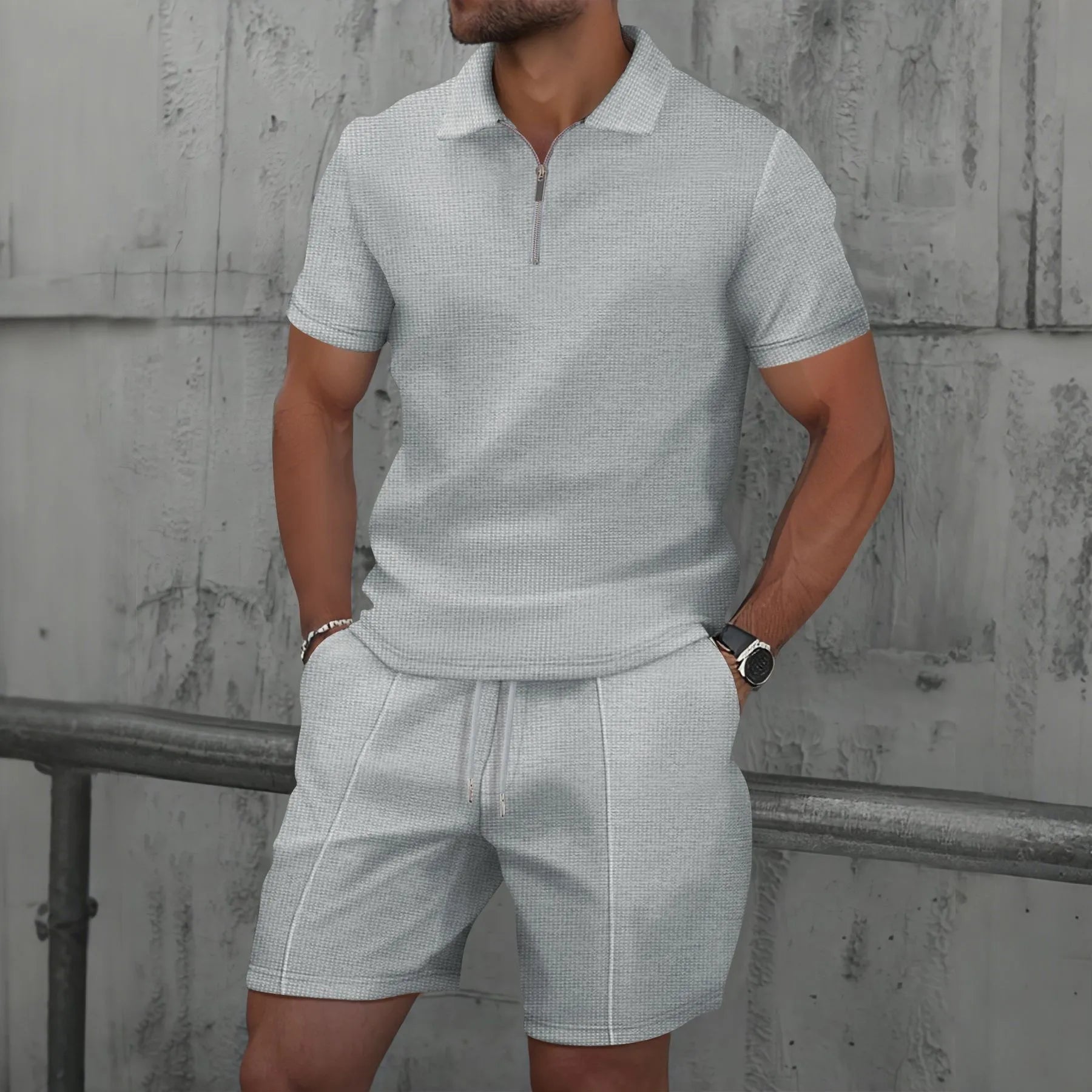Men’s Two-Piece Casual Set – Zip Polo & Drawstring Shorts
