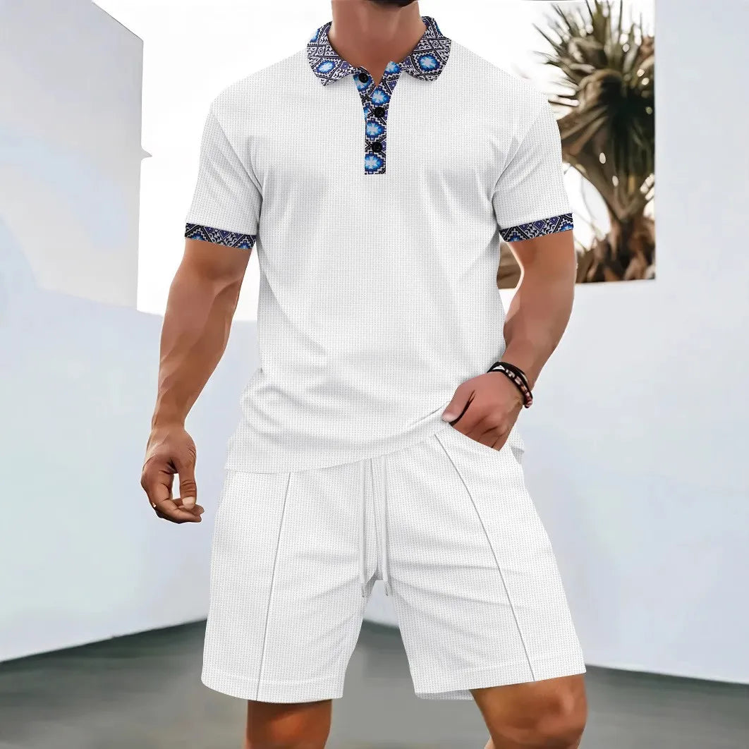 Men’s Two-Piece Casual Set – Zip Polo & Drawstring Shorts