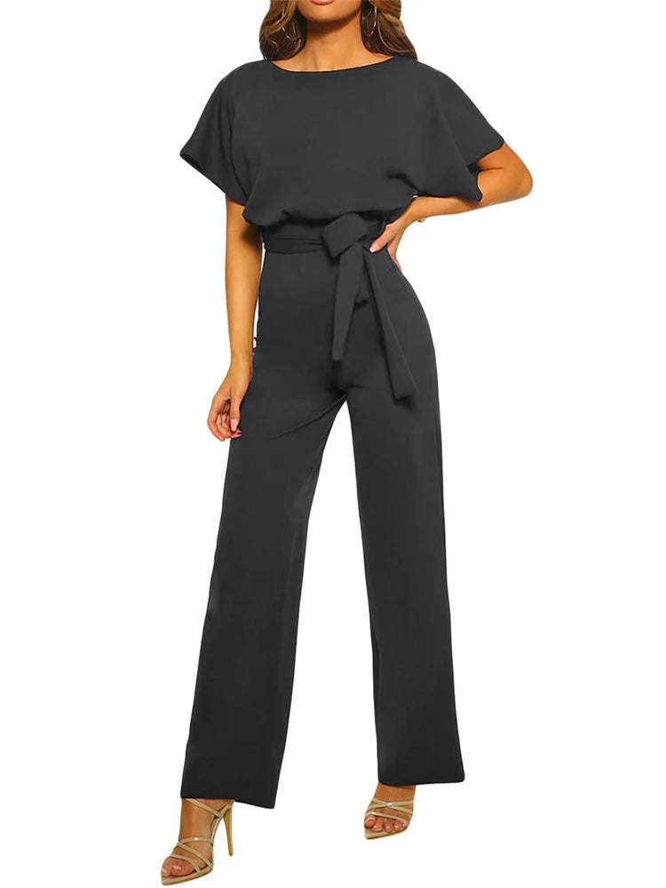 Women's Elegant Belted Wide-Leg Jumpsuit Romper